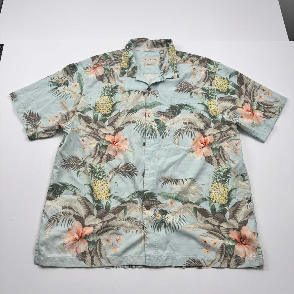 Tommy Bahama Shirt Mens XL Blue Silk Hawaiian Floral Pineapple Island Zone